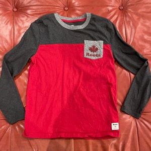 Roots boys XL crew long sleeve tee.  Red and two tone gray